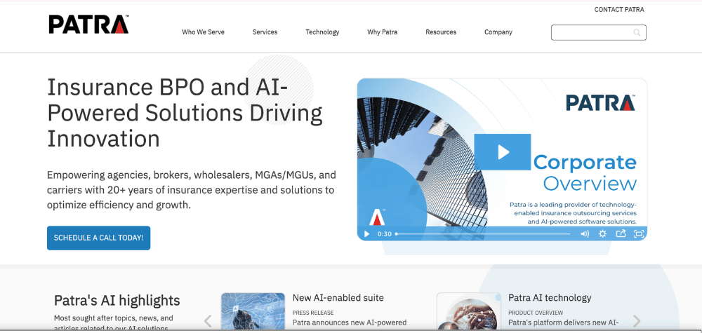 Patra - Hero section of the homepage