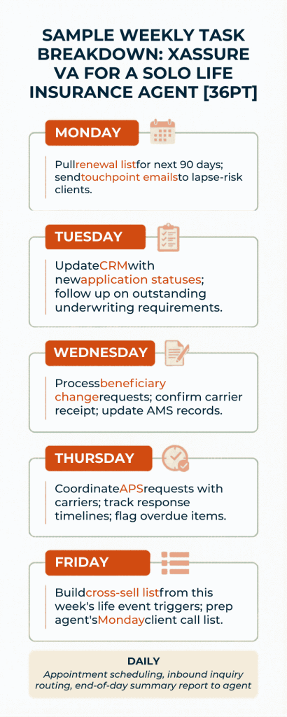 Sample Weekly Task Breakdown: Xassure VA for a Solo Life Insurance Agent