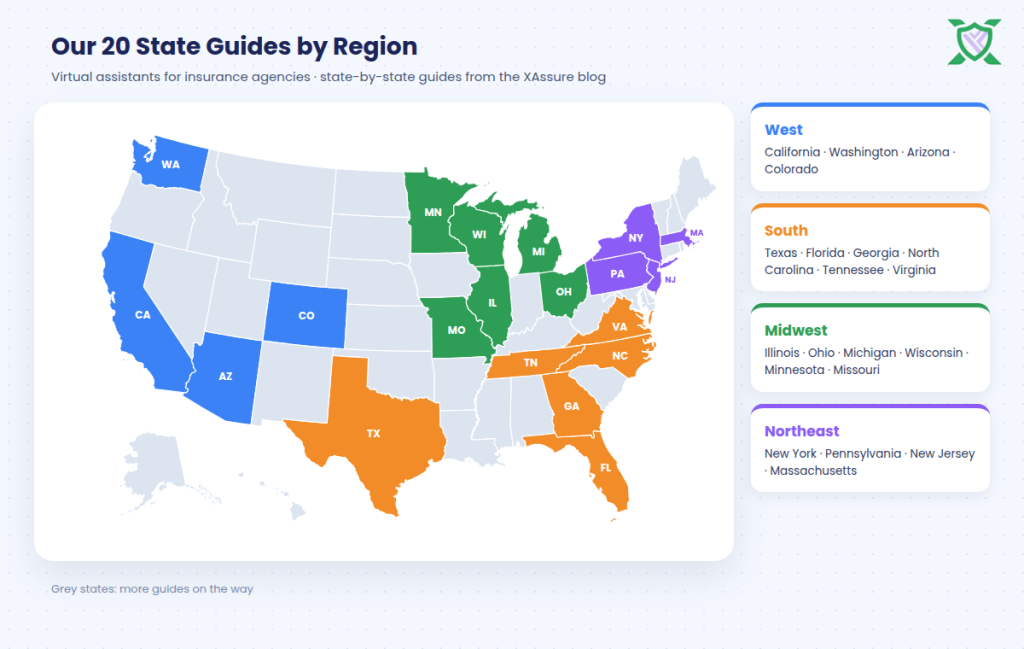 Map of virtual assistants for insurance agencies state guides by region